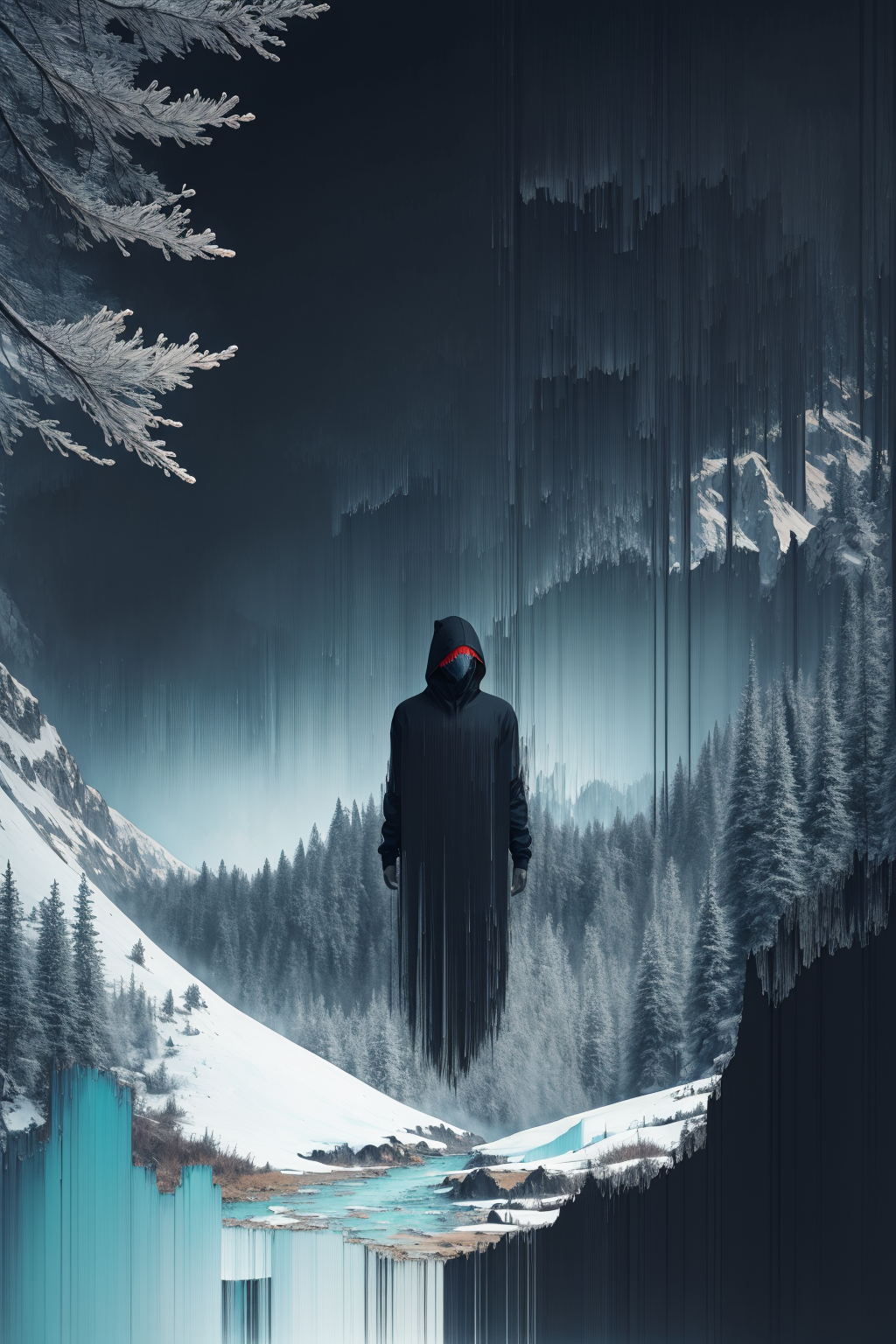 00759-3814422178-4909-pixel sorting, abstract painting of a man in casual black hood portrait fused with snowy mountain forest, intricate background.png